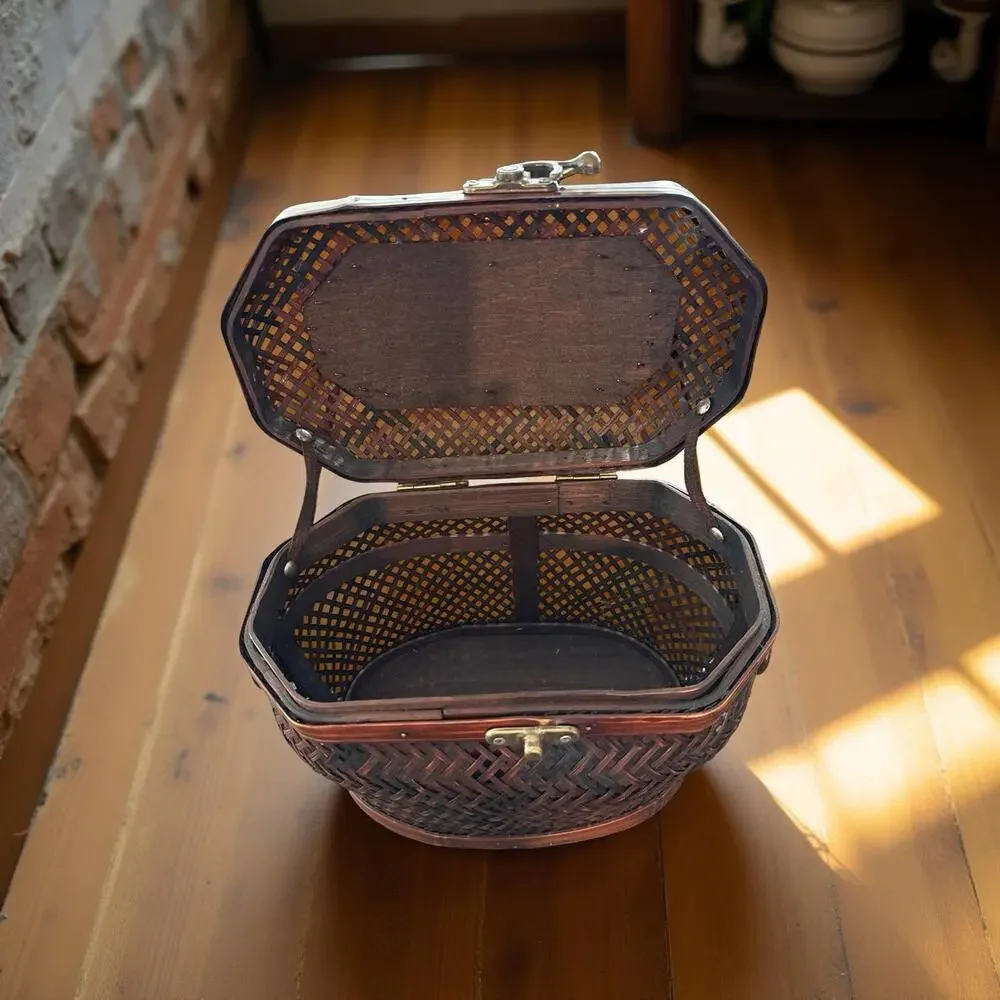 Wooden Octagonal Woven Storage Basket with Lid and Latch, 10.5 in Natural Brown